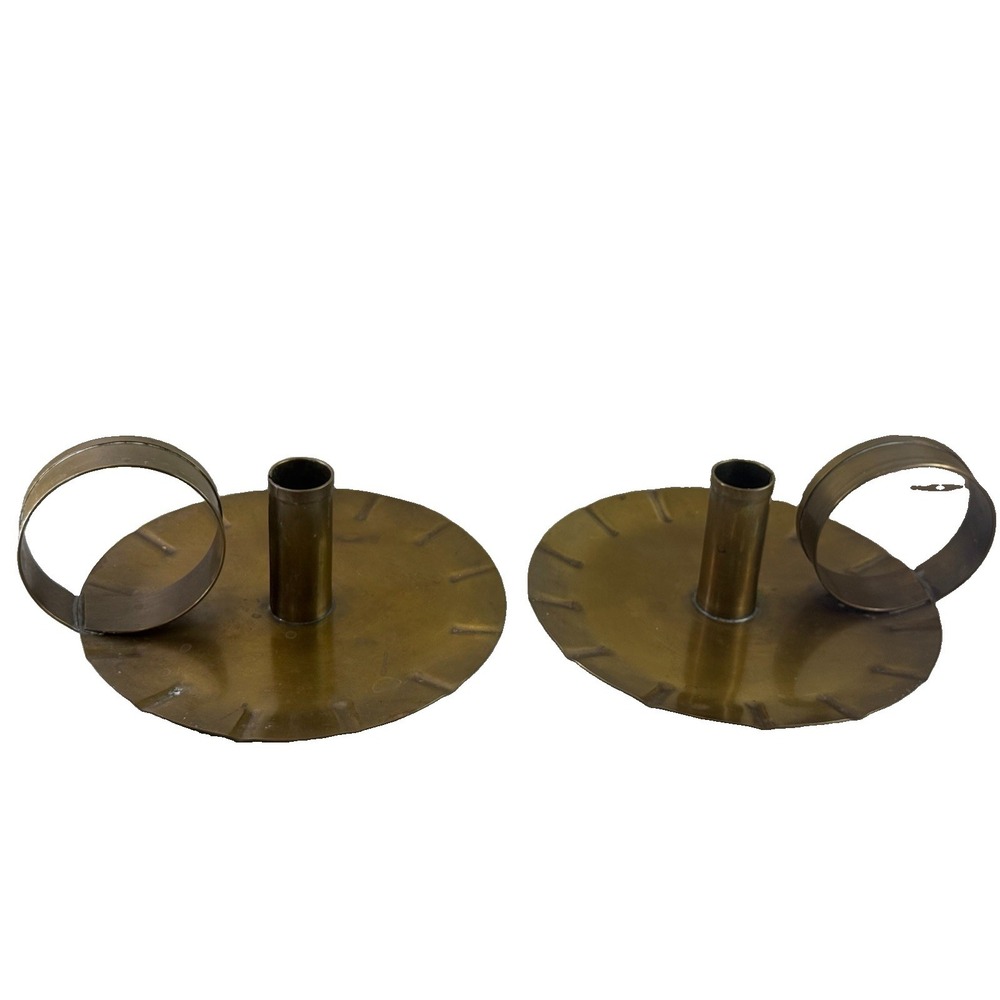 Pair Vintage Solid Brass Chamberstick Candle Holders Primitive Finger Loop Pan